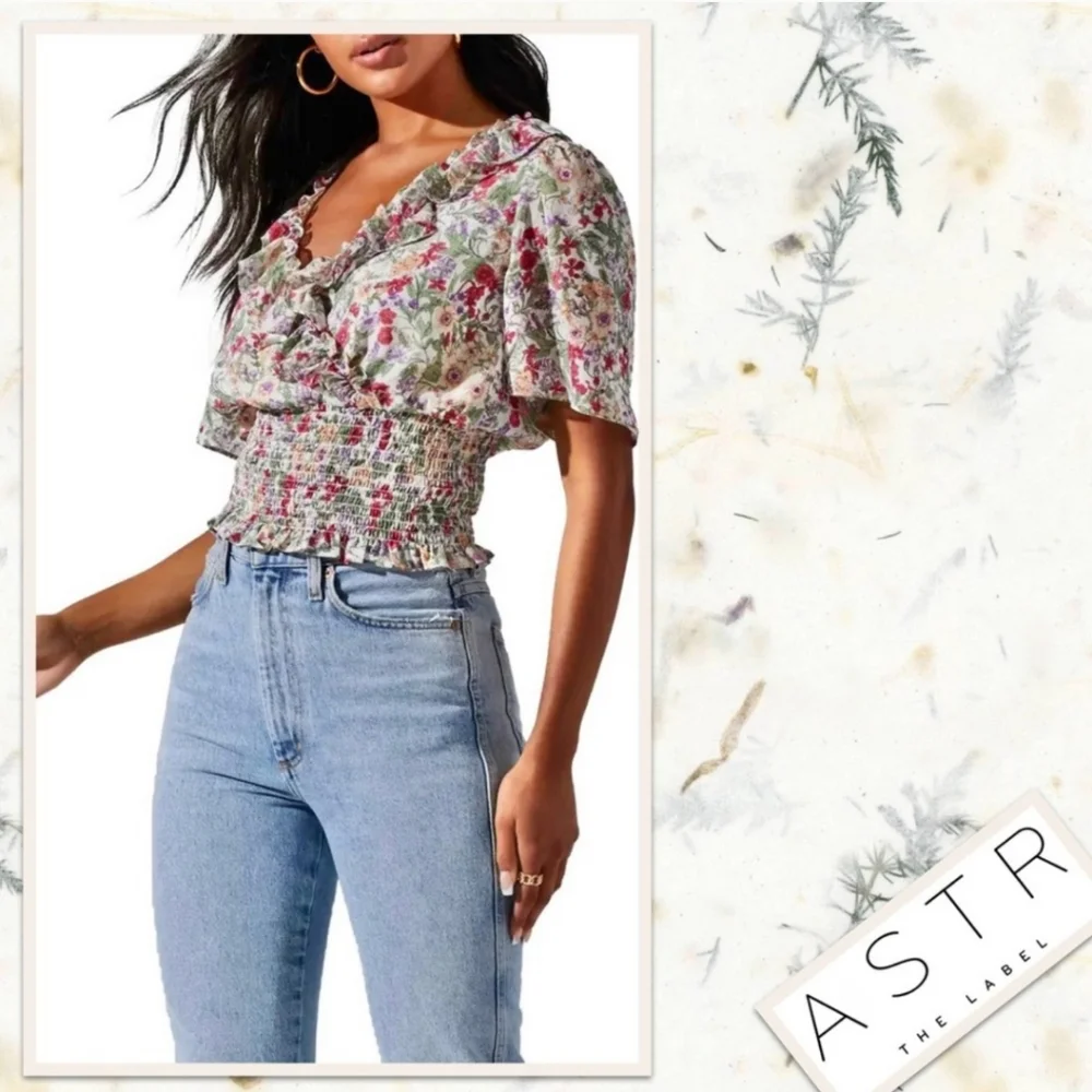 ASTR THE LABEL Smocked Waist Faux Wrap Look Multi Floral M - Picture 5 of 10